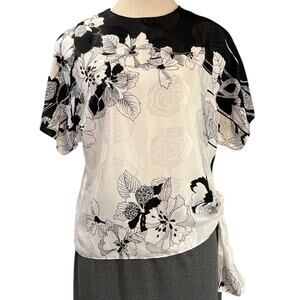 Vtg Wilroy Travelers Graphic Floral Blouse Top Shirt Waist Tie Sz 10 Black Cream